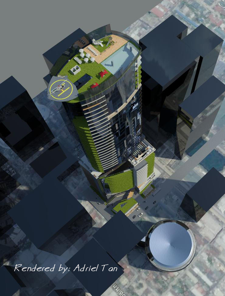 Aerial view plus helipad and park + pool