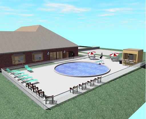 Backyard view of TJ's motel with pool and bar