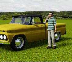 Truck on green field