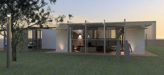 external view dusk rectangolar house