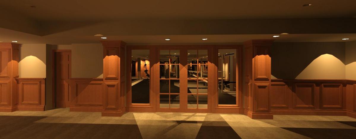 Interior commons area looking into home gym