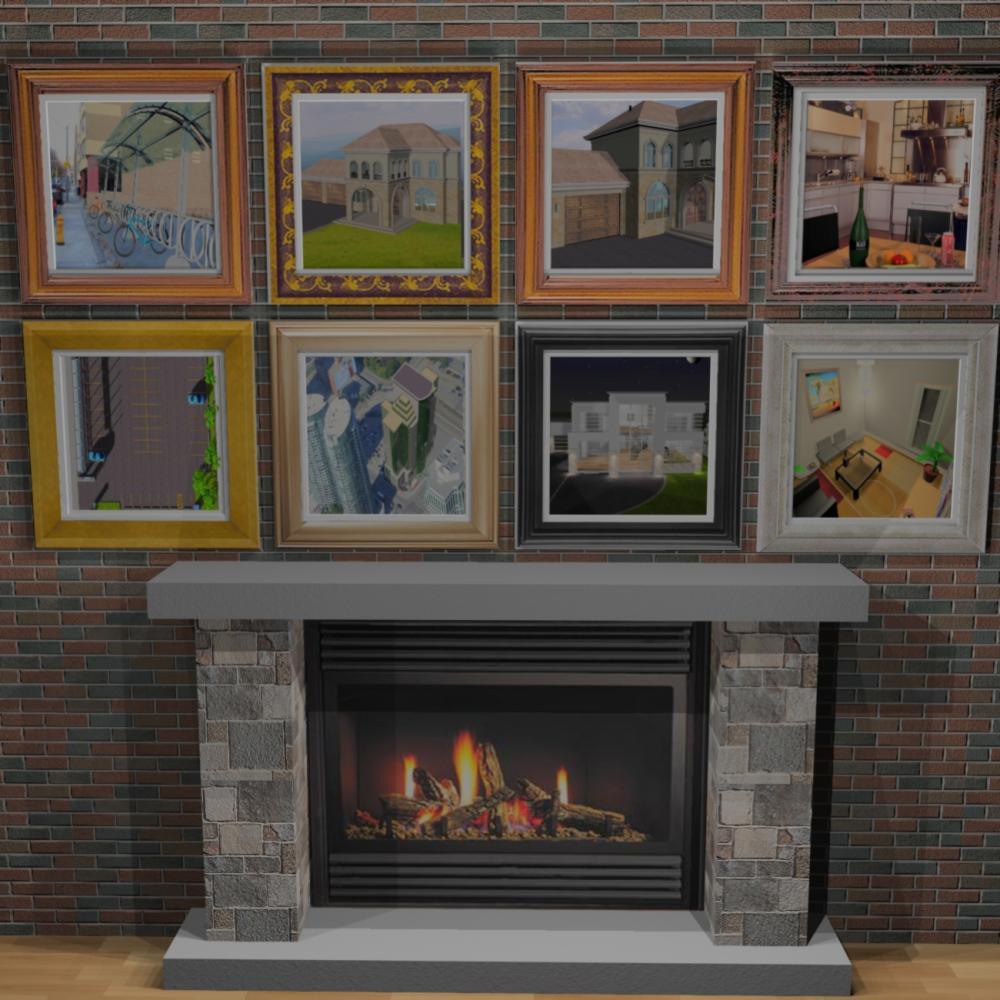 Portfolio of renders above fireplace