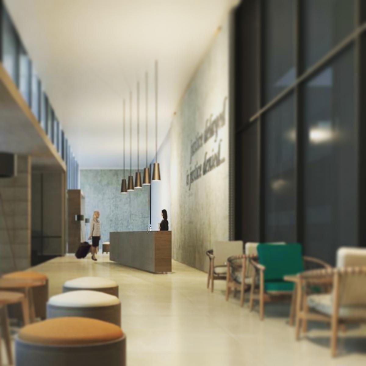 a narrow hotel lobby