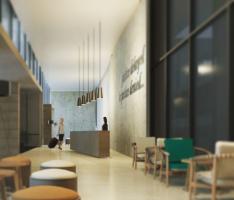 a narrow hotel lobby