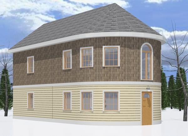 Real sky background, snow, and a conical roof