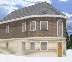 Real sky background, snow, and a conical roof