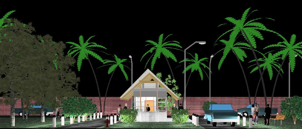 Entrance to a beach club at night