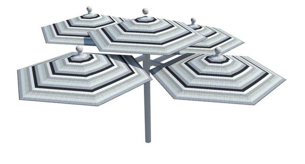 Set of 5 patio umbrellas attached to a single pole