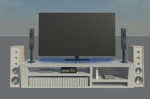 entertainment center with books, xbox, ps3, bluray and speakers