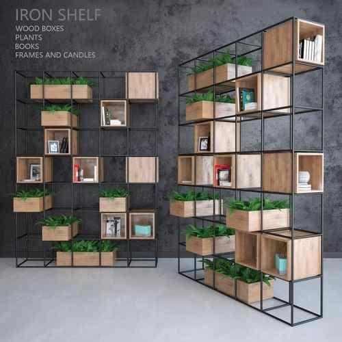 Shelving metal and wooden boxes